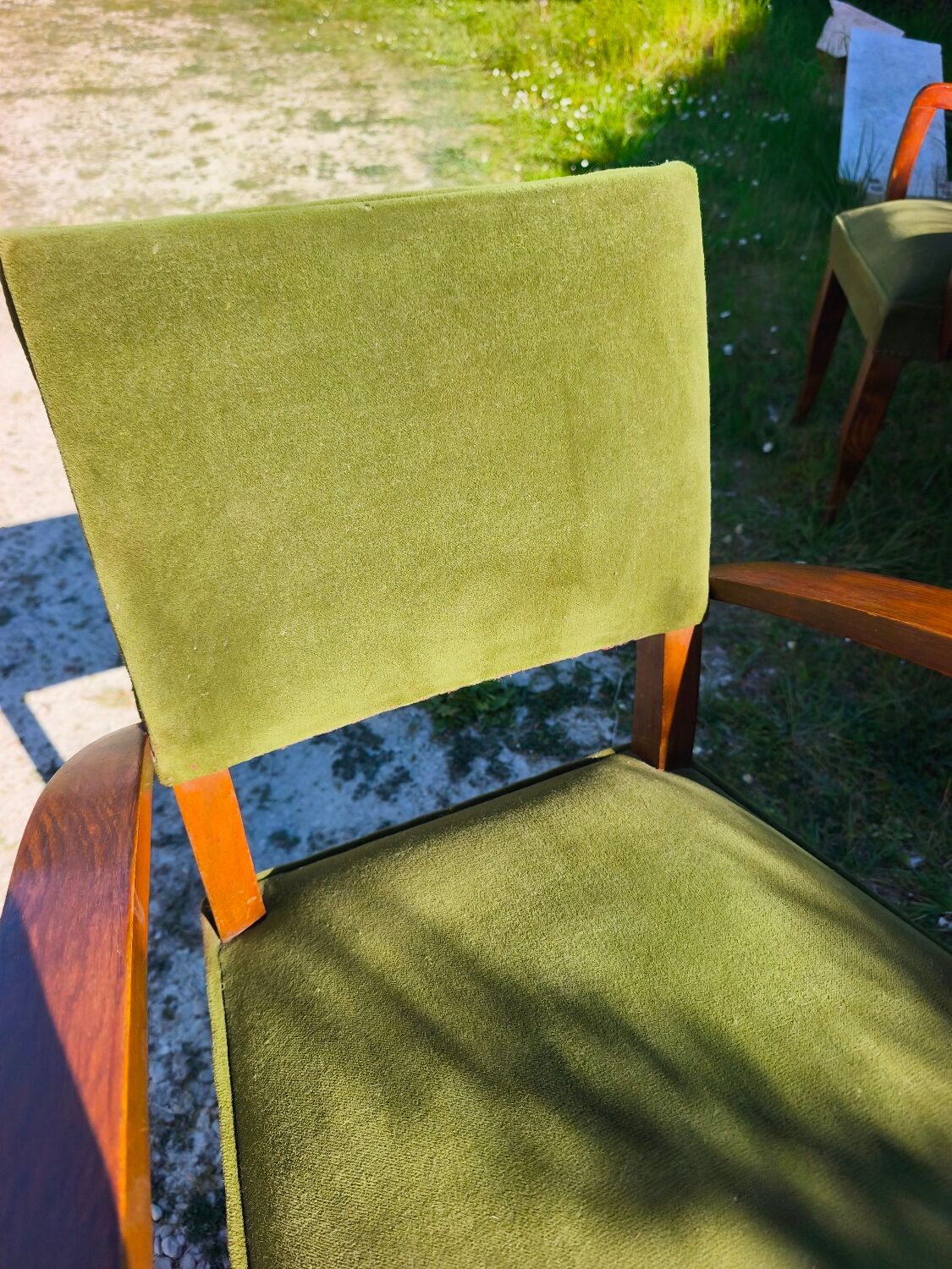 Set of 3 Art Deco bridge chairs in olive green velvet.