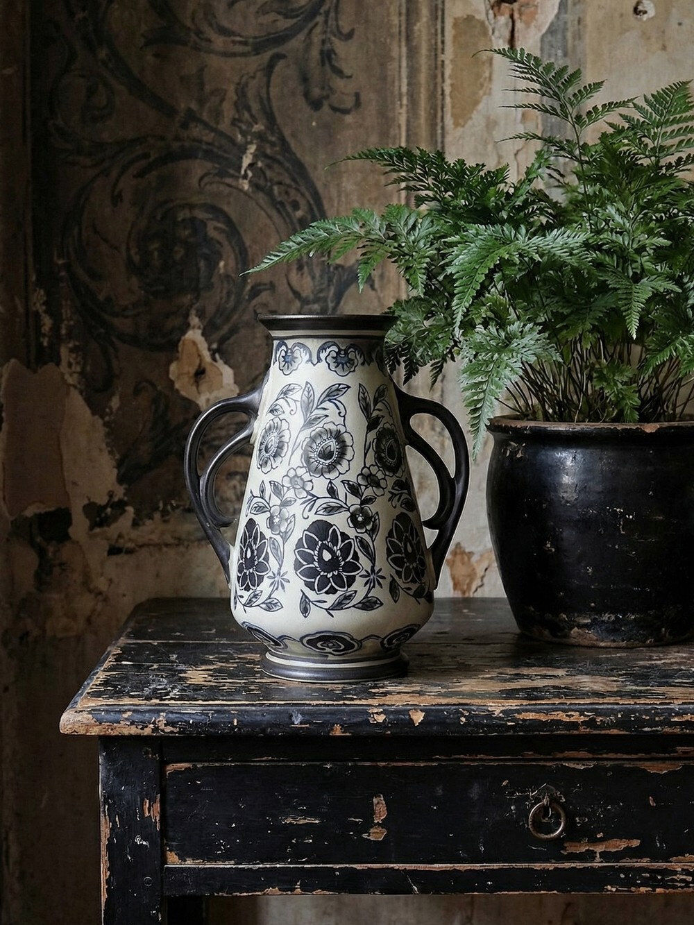 Antique Art Deco vase from 1920-40 in fine stoneware, Art Nouveau style with chinoiserie decoration.