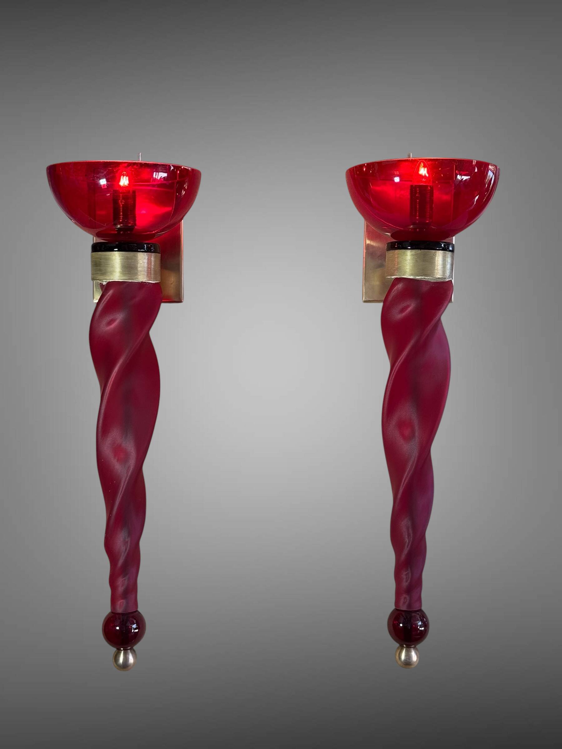 Pair of 62 cm murano torchere wall lights in red tinted glass and brass