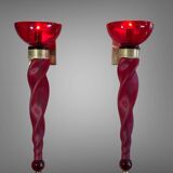 Pair of 62 cm murano torchere wall lights in red tinted glass and brass