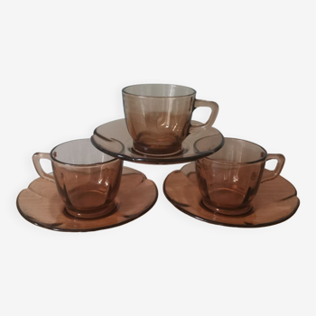 Set of 3 duralex cups made in France amber flower shape