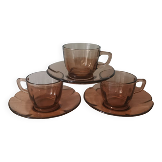 Lot de 3 tasses duralex made in France ambrée forme fleur