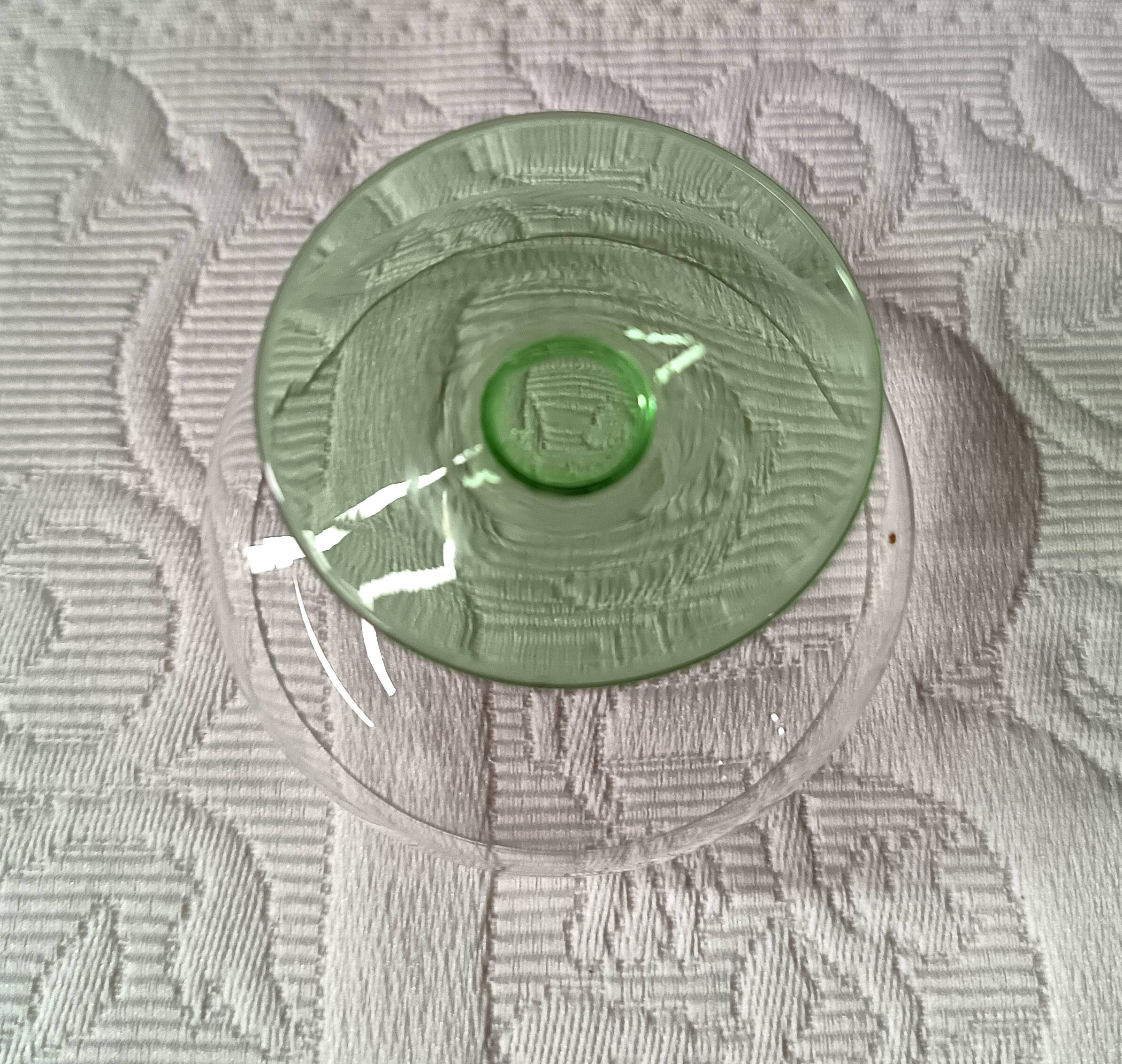 6 superb antique liqueur glasses on green stems, vintage cut glass