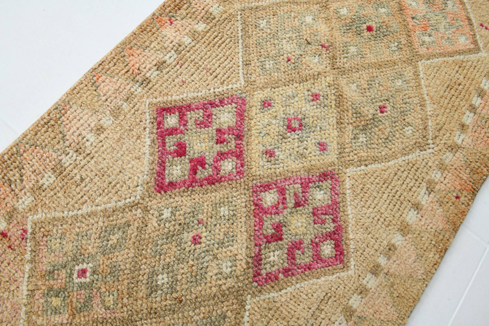 Sand Beige & Pink Turkish Vintage Runner Rug, 80x413Cm