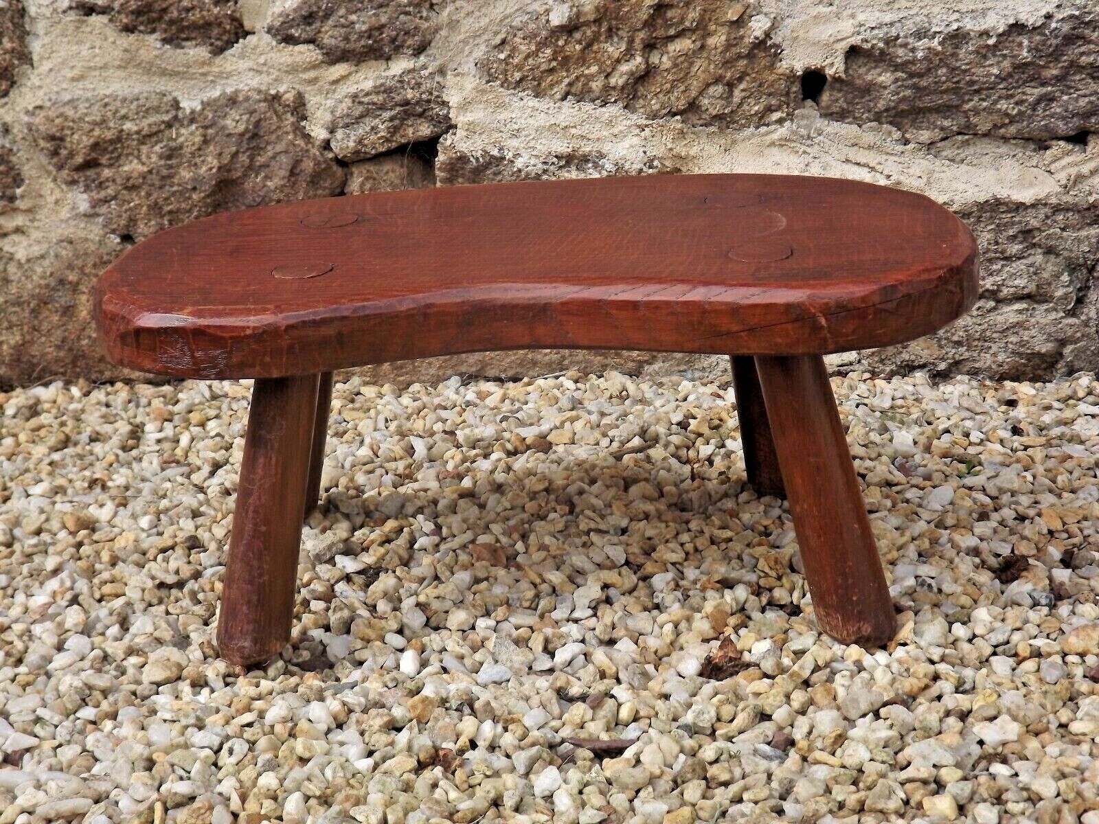 Vintage french hand turned solid oak 4 legged kidney shaped childs stool 3772