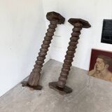 Paire de piédestal colonnes vis de pressage chêne 1900
