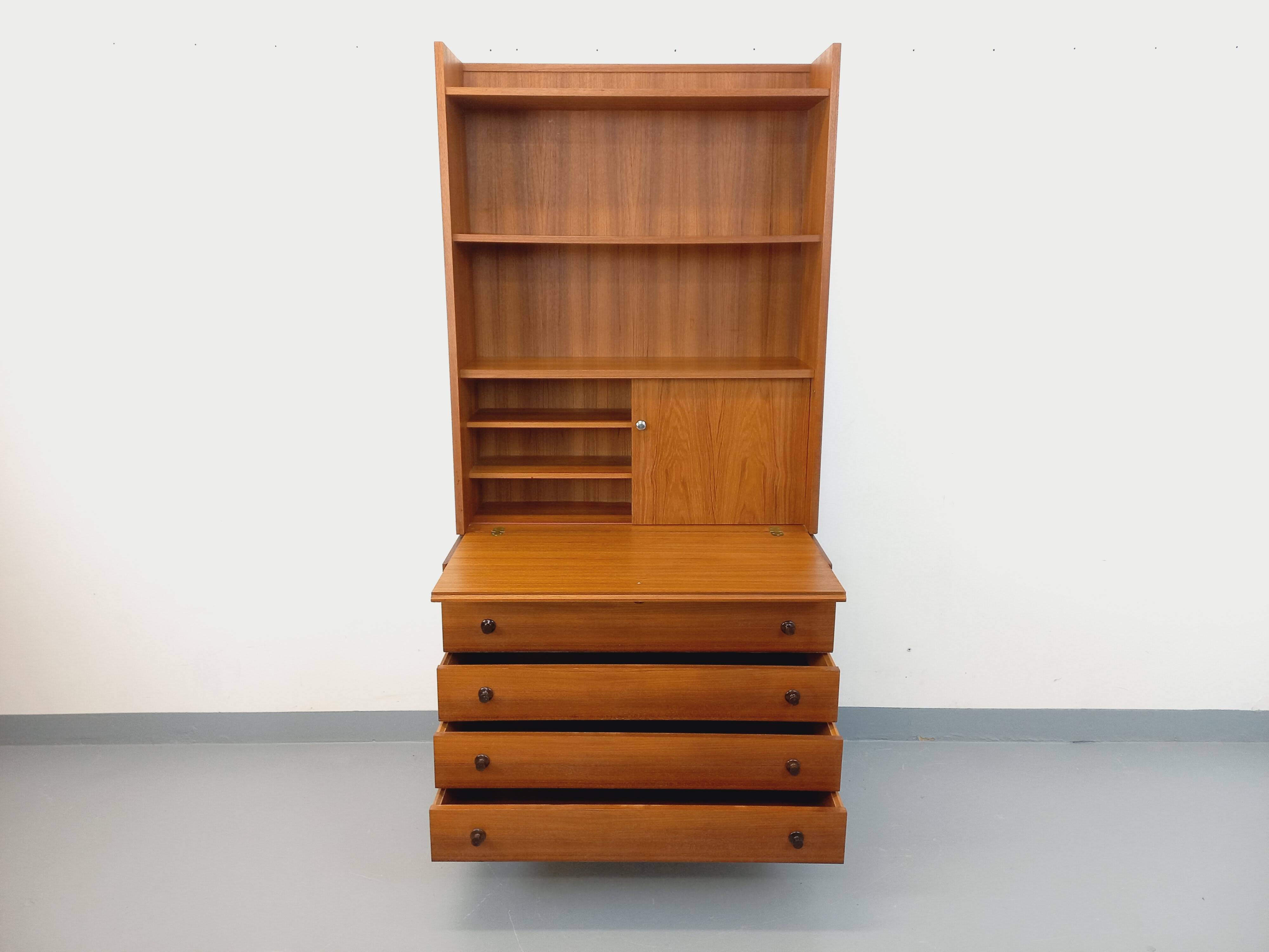 Vintage teak secretary bookcase with storage chest.