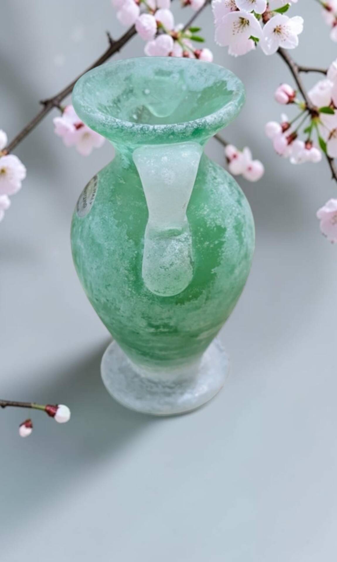 Small green Murano vase with handles – blown glass - "scavo" type