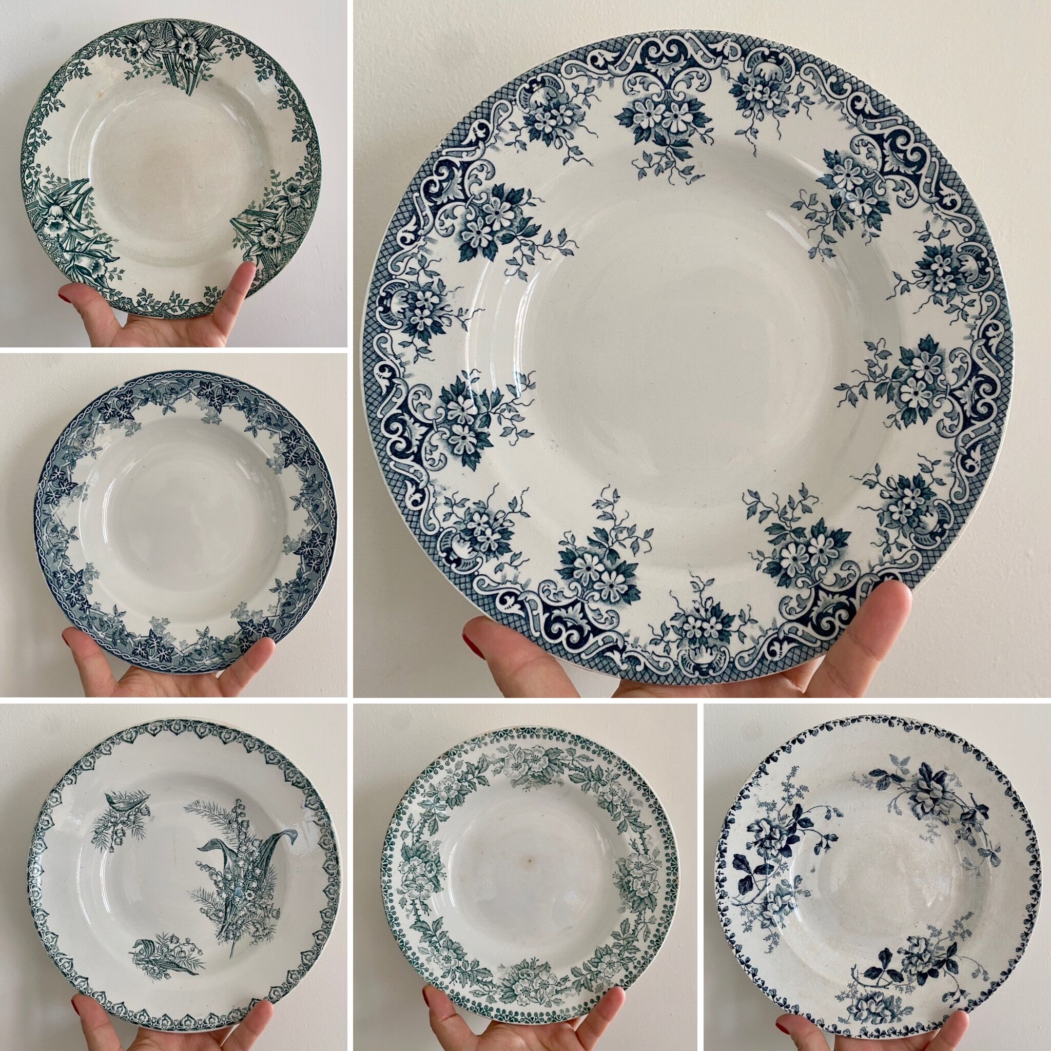 Lor of 6 vintage hollow plates in iron earth, mismatched models