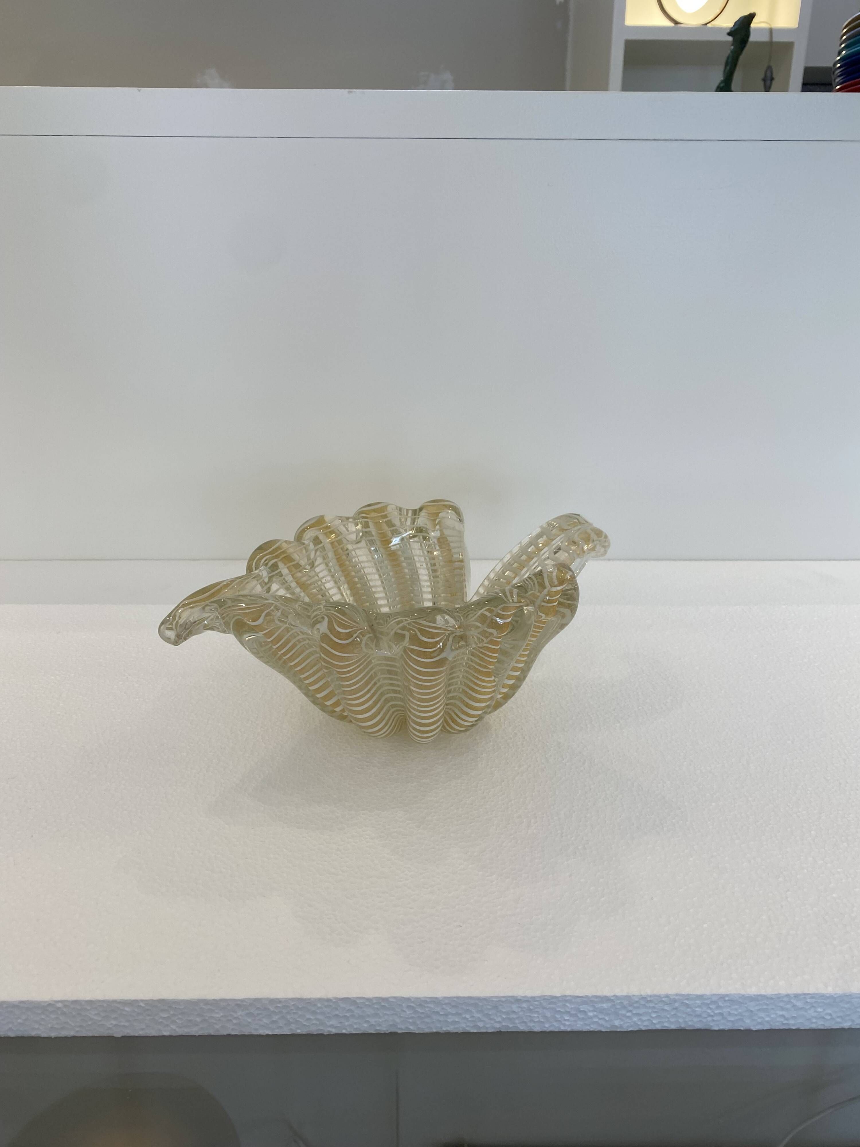 Murano Barovier 'Zebrati' Decor Glass Shell Bowl Hollywood Regency, 1960s