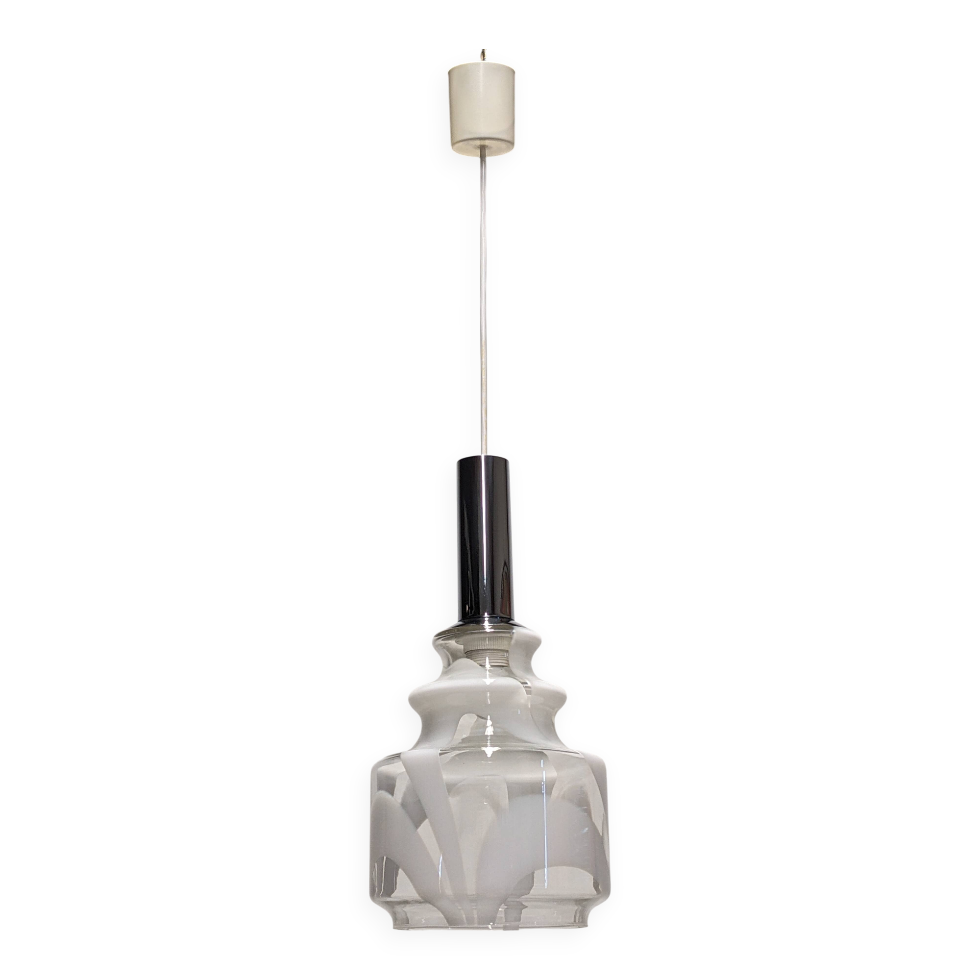 Murano white harlequin blown glass pendant light, Italy circa 1970