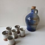 Ensemble bouteille à liqueur + 6 tasses en grès Signé Albert Breton Vézelay