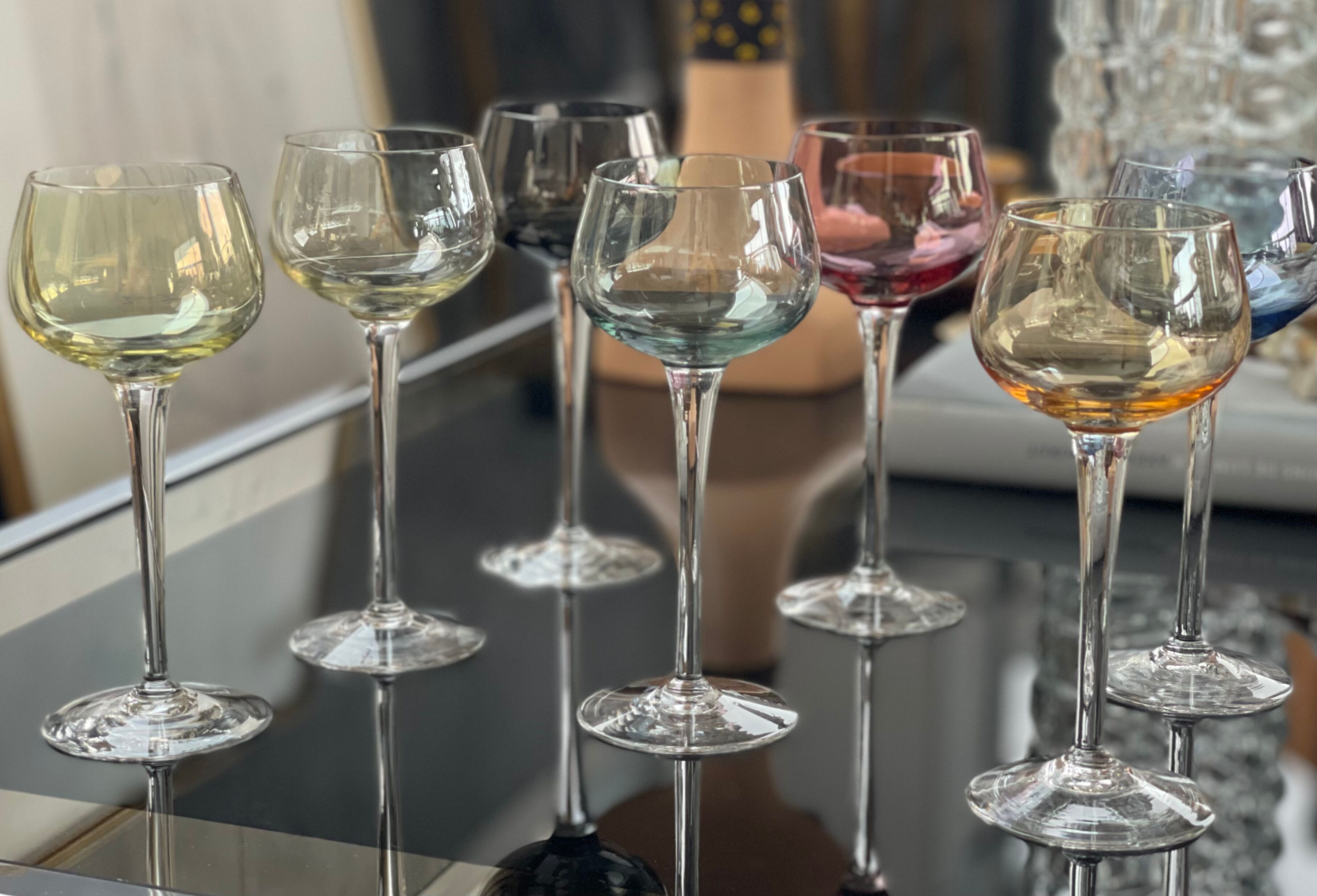 7 vintage iridescent foot glasses