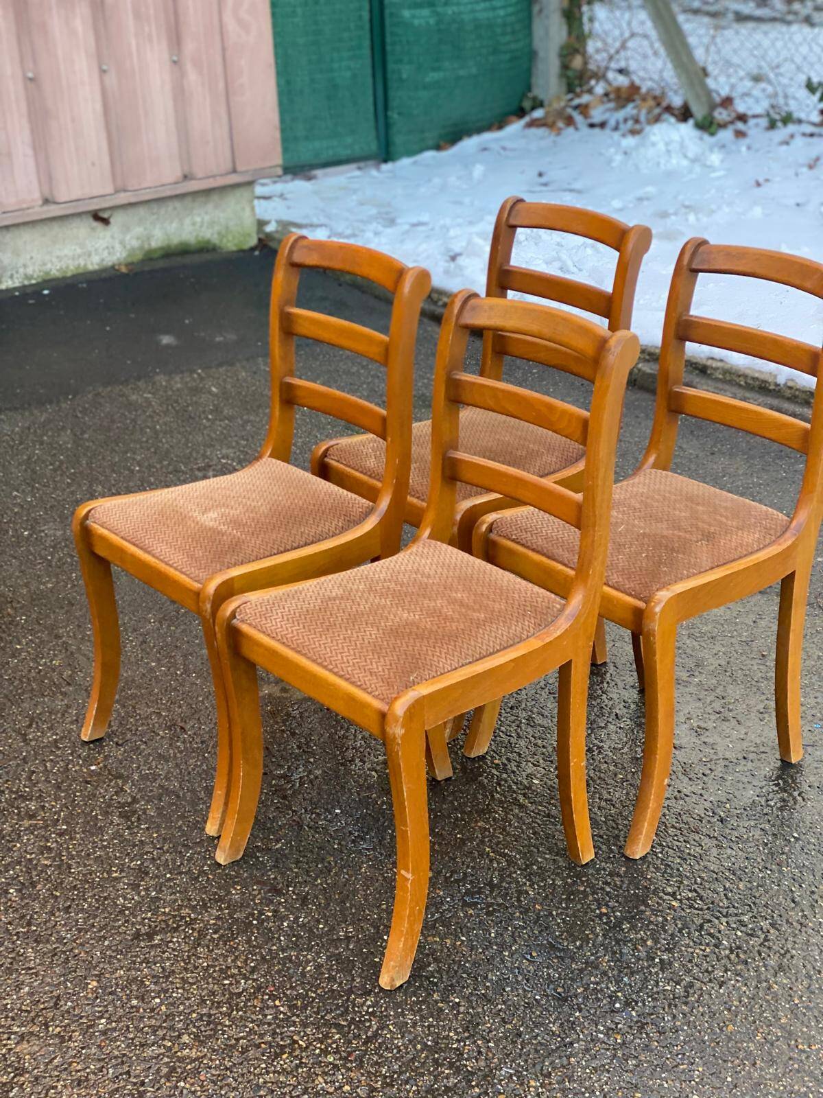 4 solid wood and brown velvet suede chairs in the Louis Philippe style.