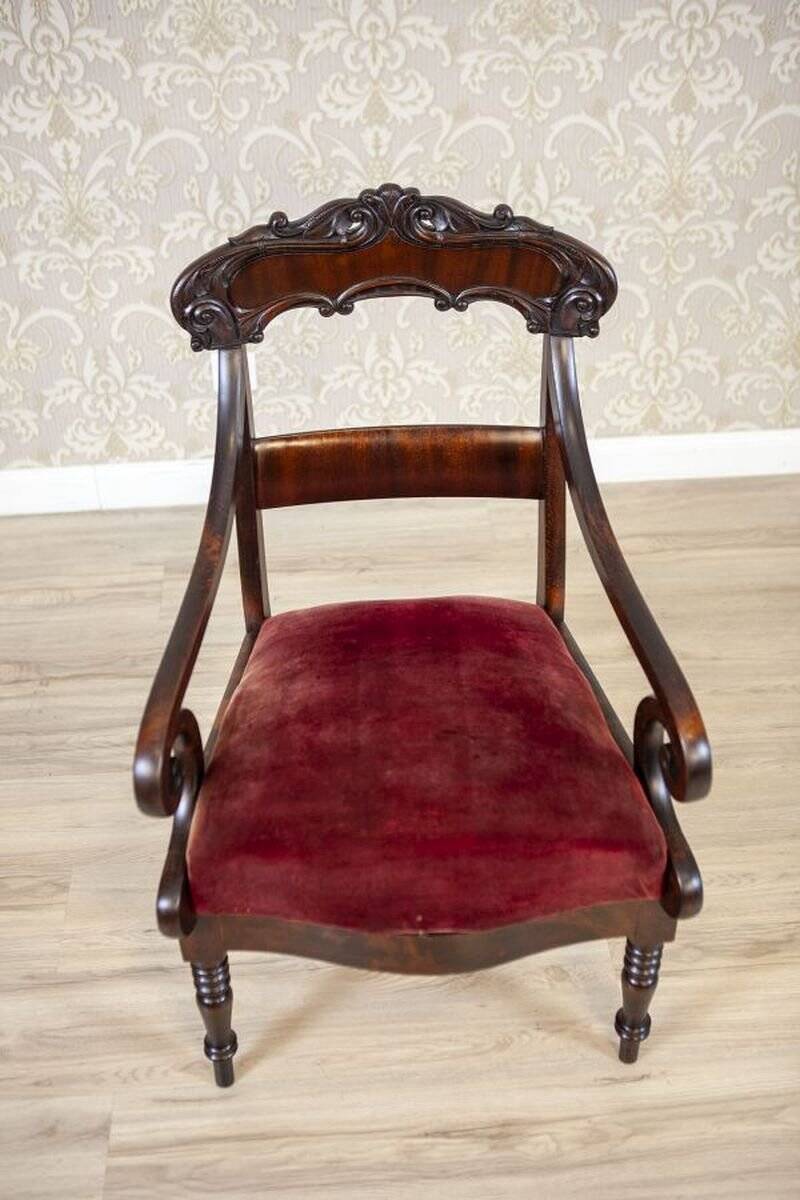 Set of Empire Mahogany Armchairs in Red Upholstery, 19th Century