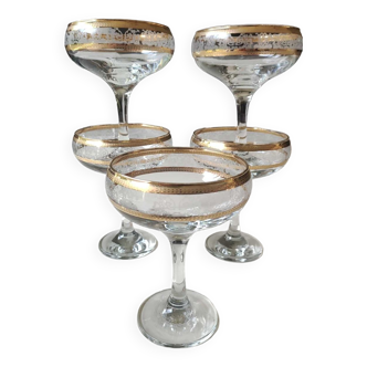 Set of 5 champagne glasses, in crystalline glass. Shabby chic