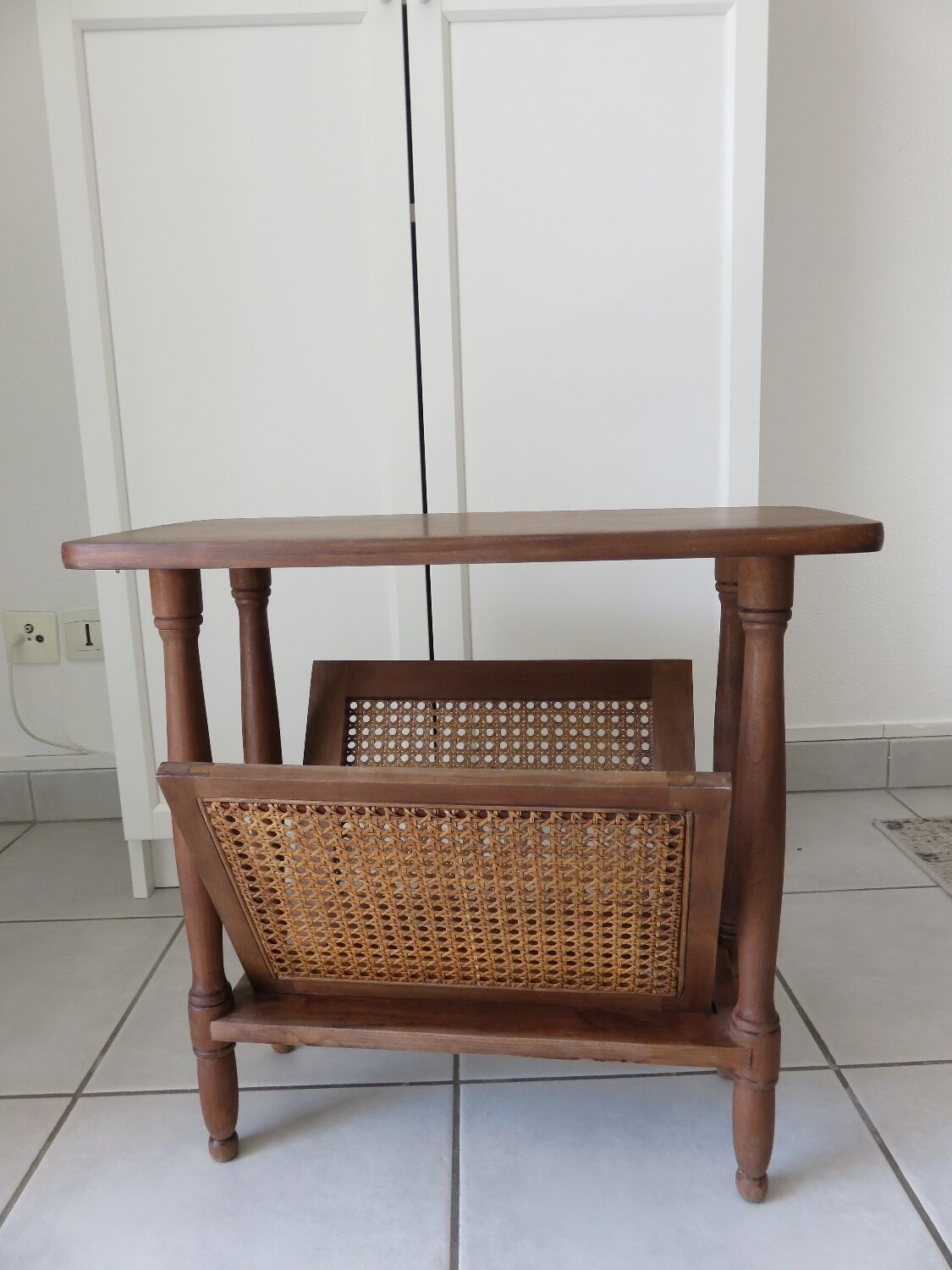 Vintage wooden and cane magazine rack Side table