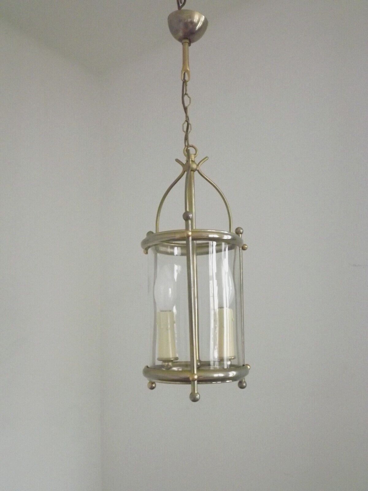French vintage silver finished brass cylindrical glass 2 light hall lantern 3929
