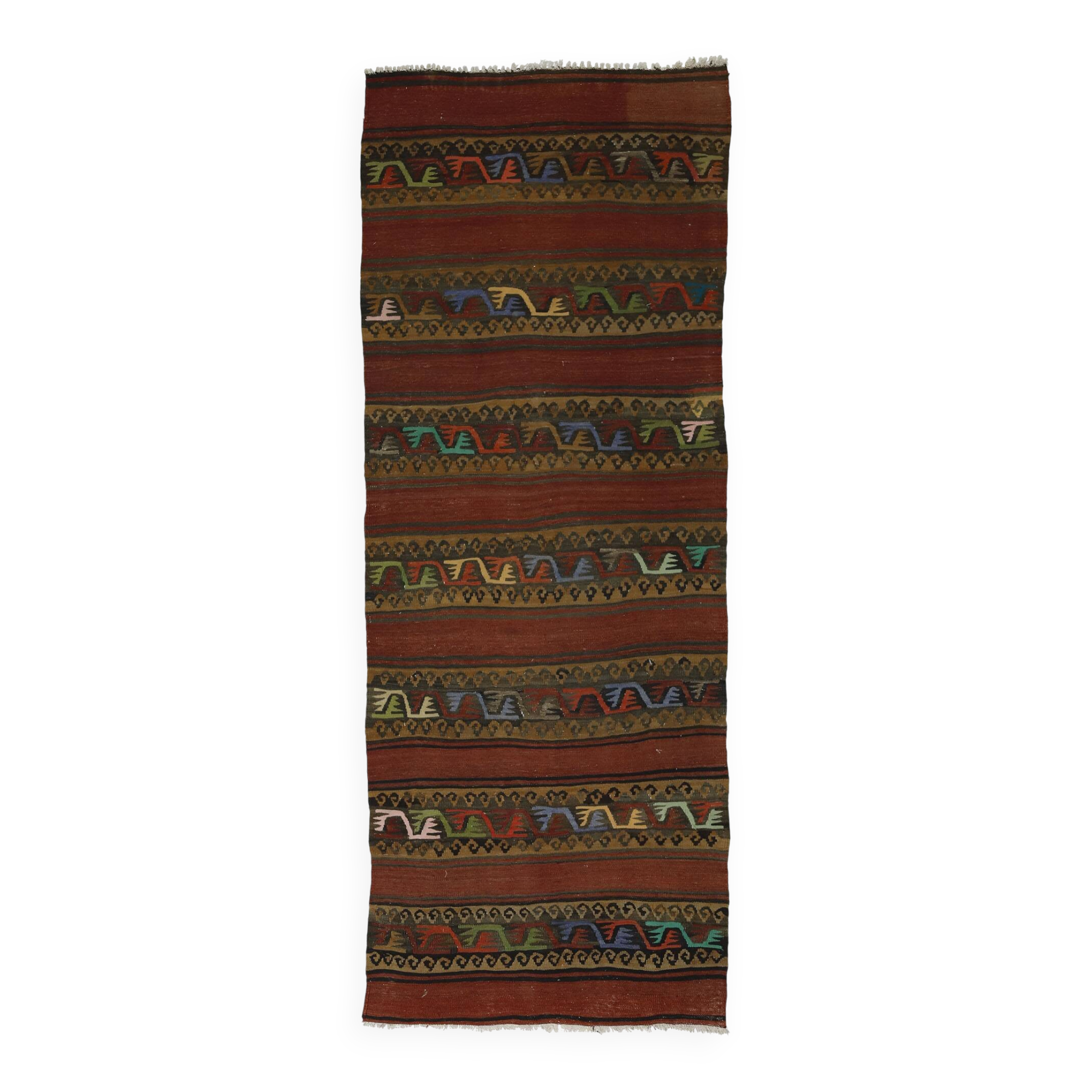 Vintage geometric Oushak kilim runner handmade 272 x 103 cm