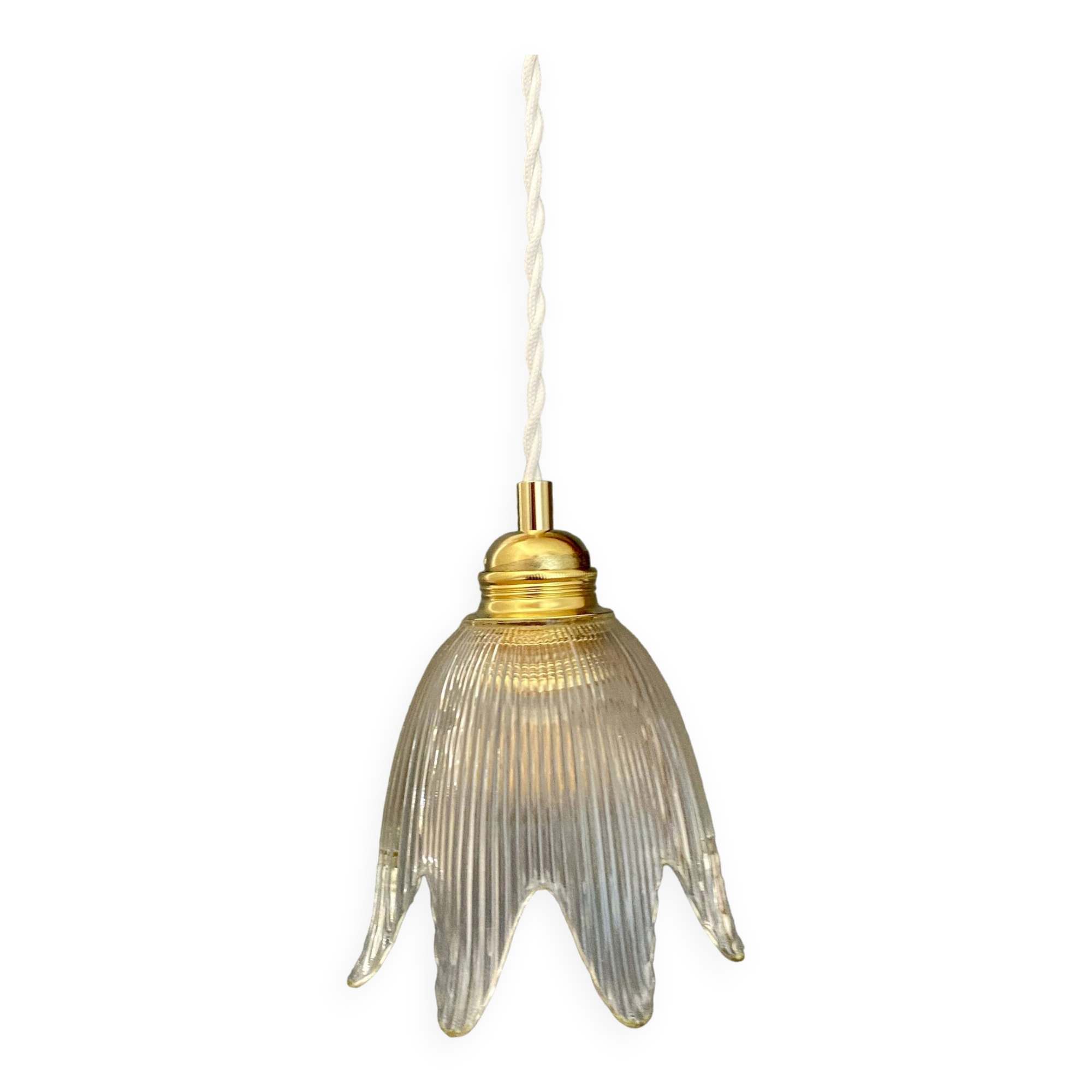Vintage tulip flower pendant light in ribbed glass