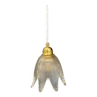 Vintage tulip flower pendant light in ribbed glass
