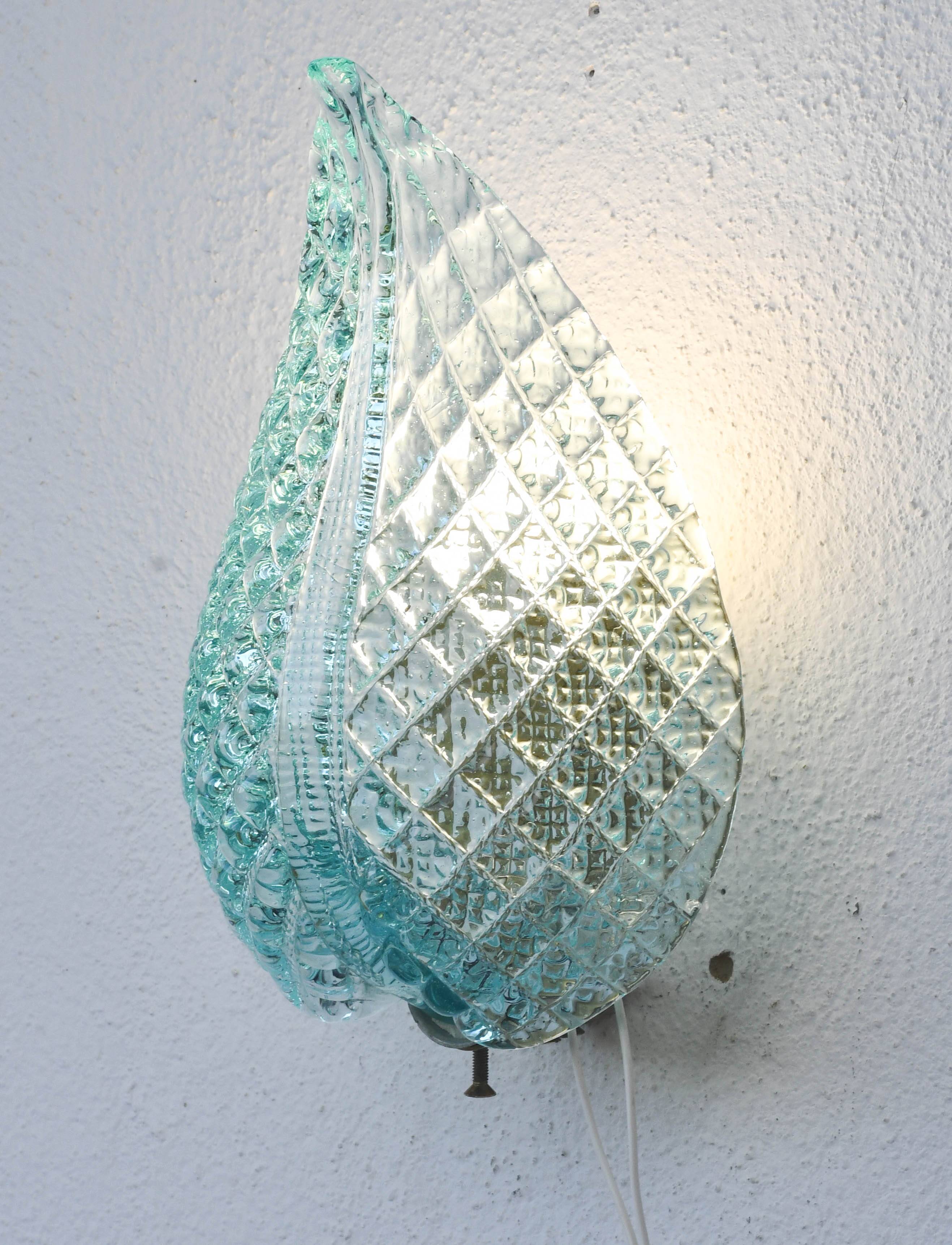 Set of 2 Rare Wall light Blue Jewel Murano Glass Leave by Barovier e Toso, 1950s