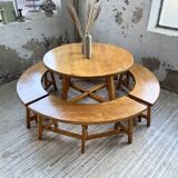 Set of round table and 4 rounded benches, 1950