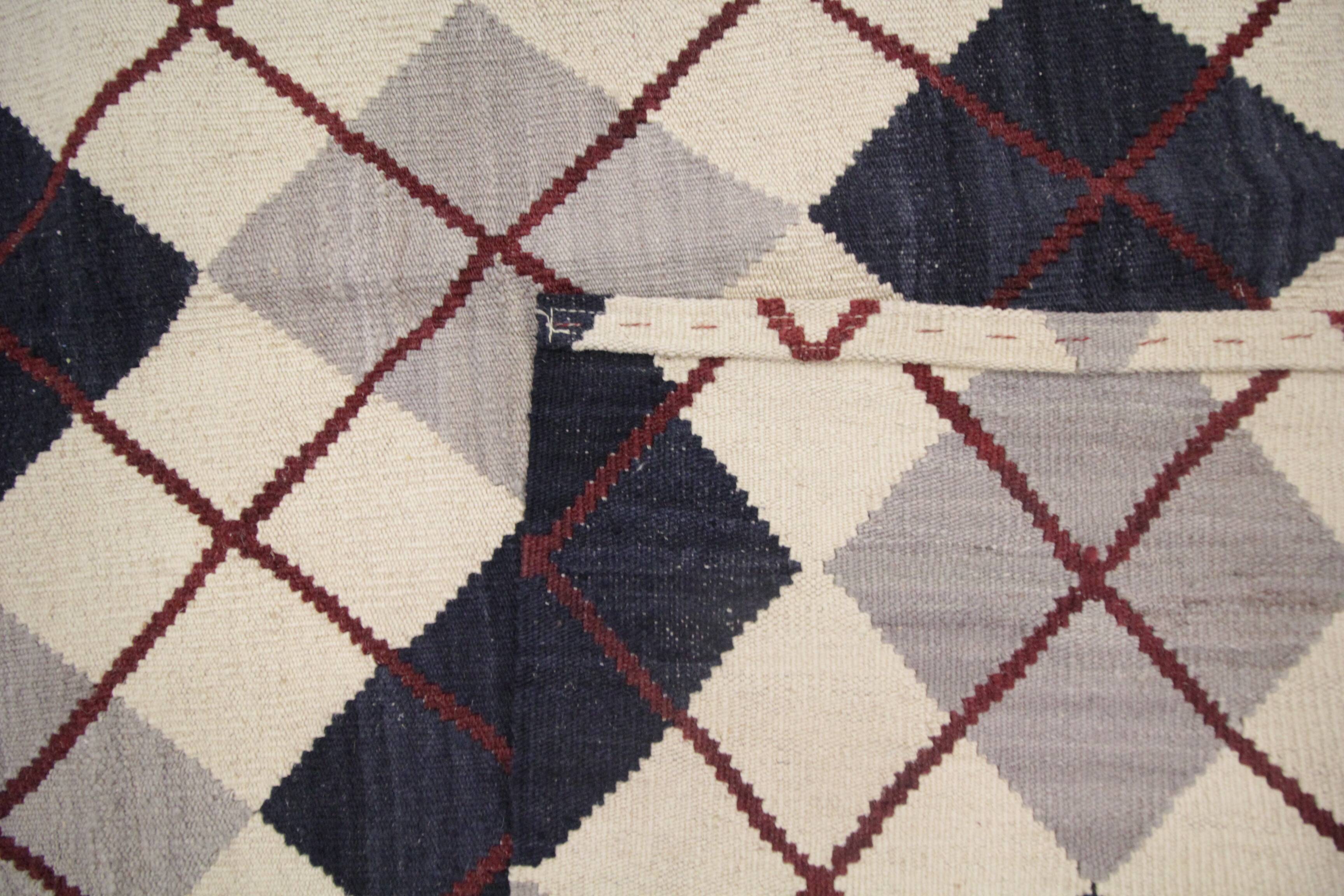 Cream Navy Wool Kilim Rug, Modern Check Diamond Flatweave Carpet 192x160cm