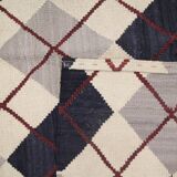 Cream Navy Wool Kilim Rug, Modern Check Diamond Flatweave Carpet 192x160cm