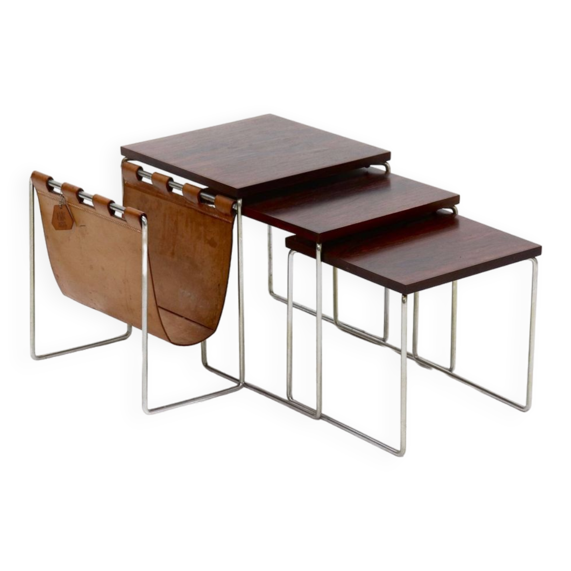 Rosewood Brabantia Nesting Tables with Leather Magazine Holder 1970s