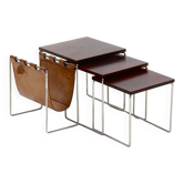 Rosewood Brabantia Nesting Tables with Leather Magazine Holder 1970s