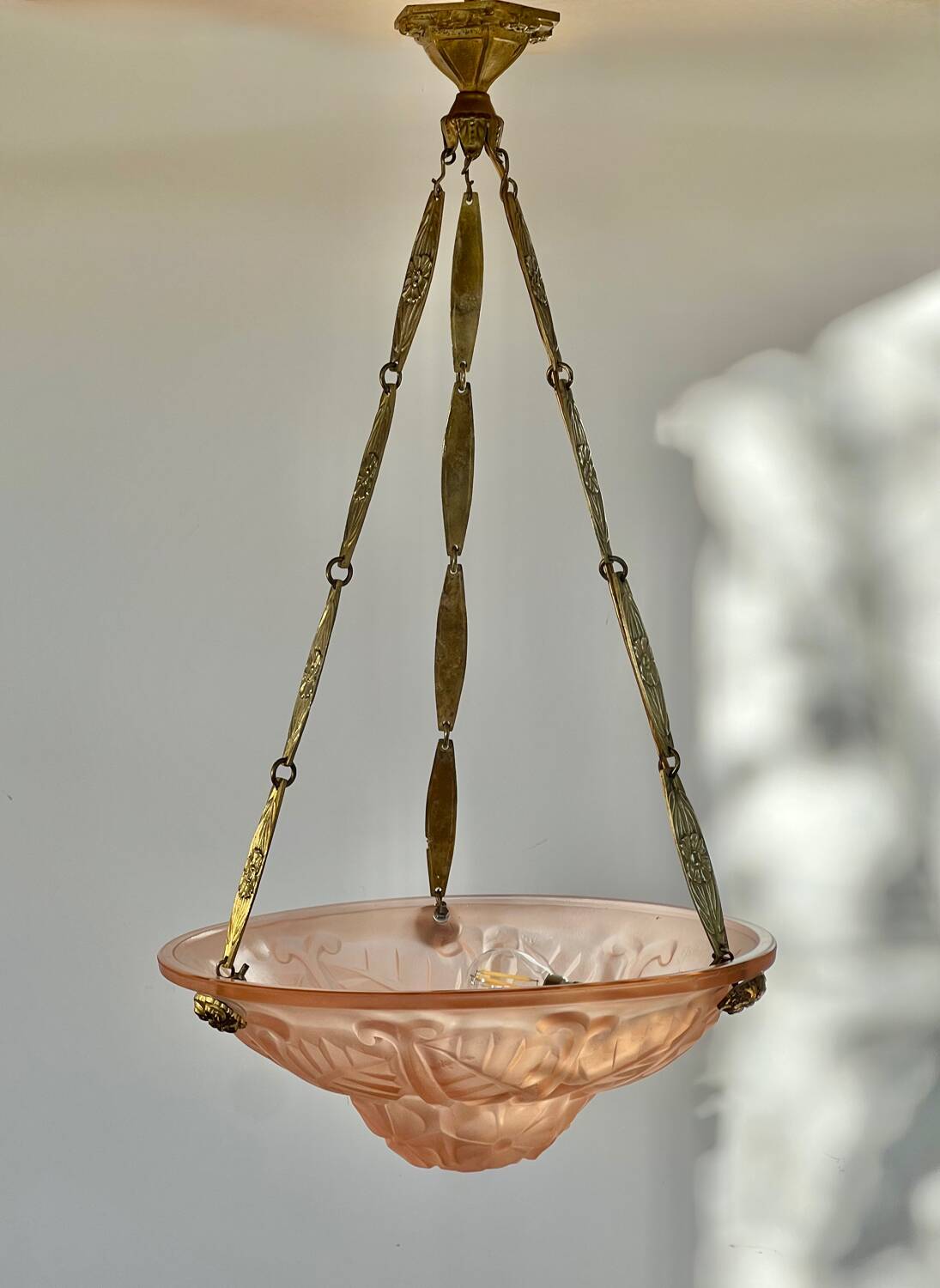 Art Deco glass and bronze pendant light/basin signed Degué