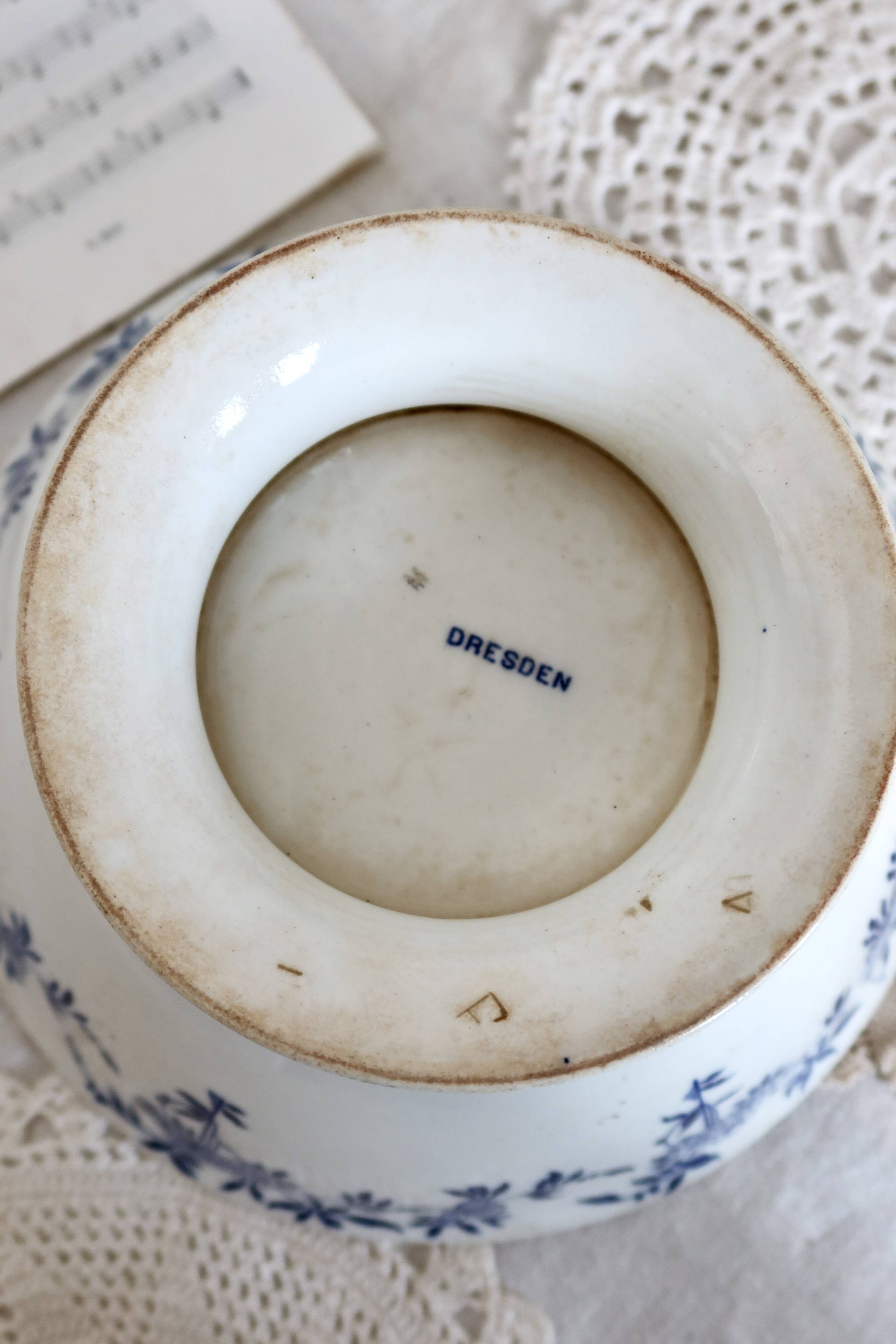 Vintage porcelain salad bowl Dresden - Blue and white floral pattern