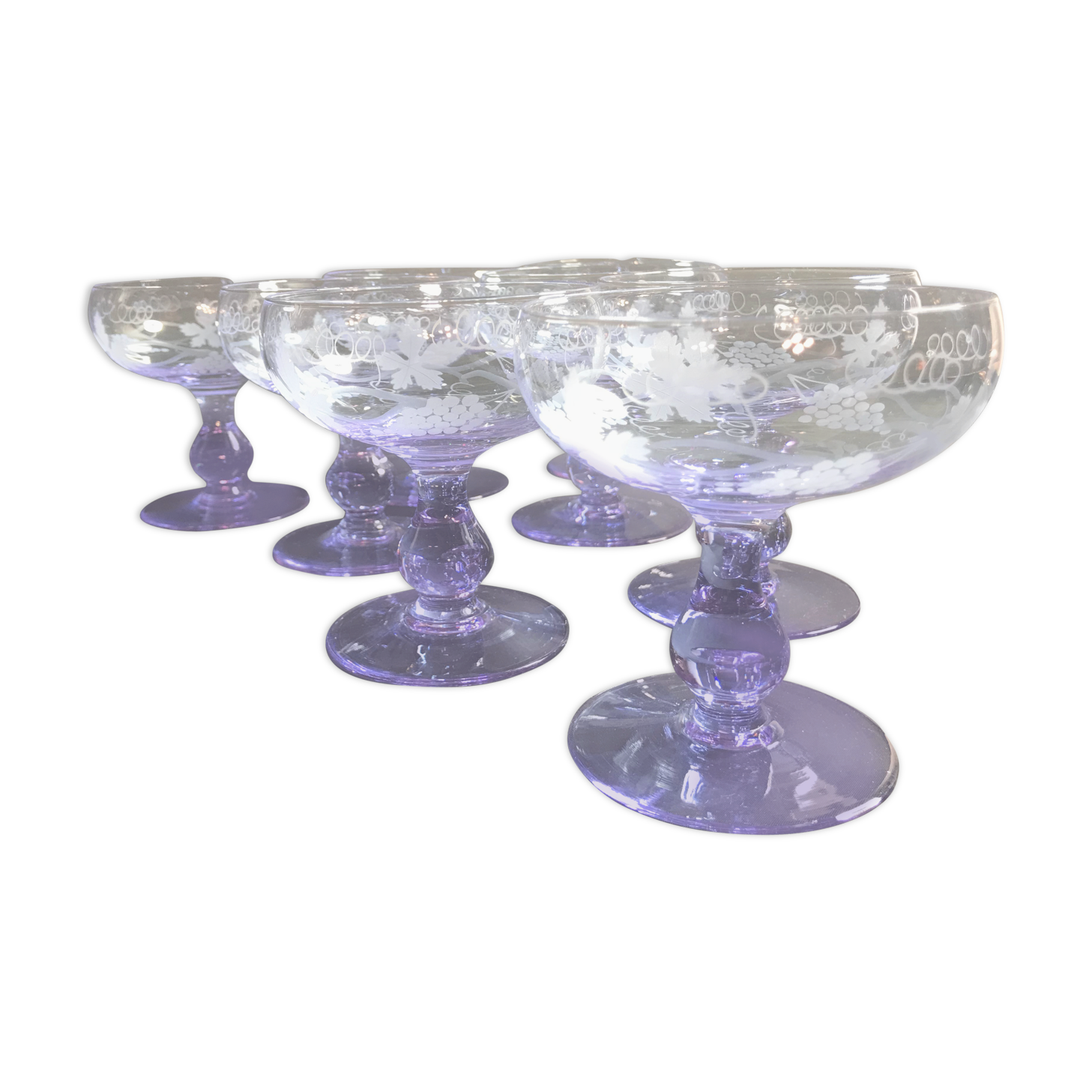 8 colorful crystal champagne cups engraved mid 20th