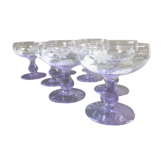 8 colorful crystal champagne cups engraved mid 20th