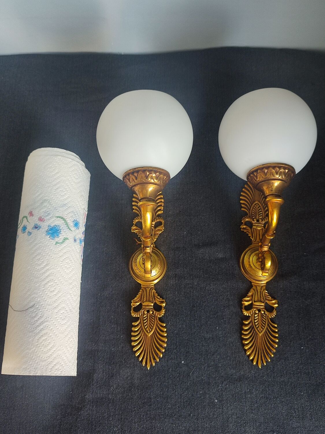 Pair of vintage brass and opaline wall lights