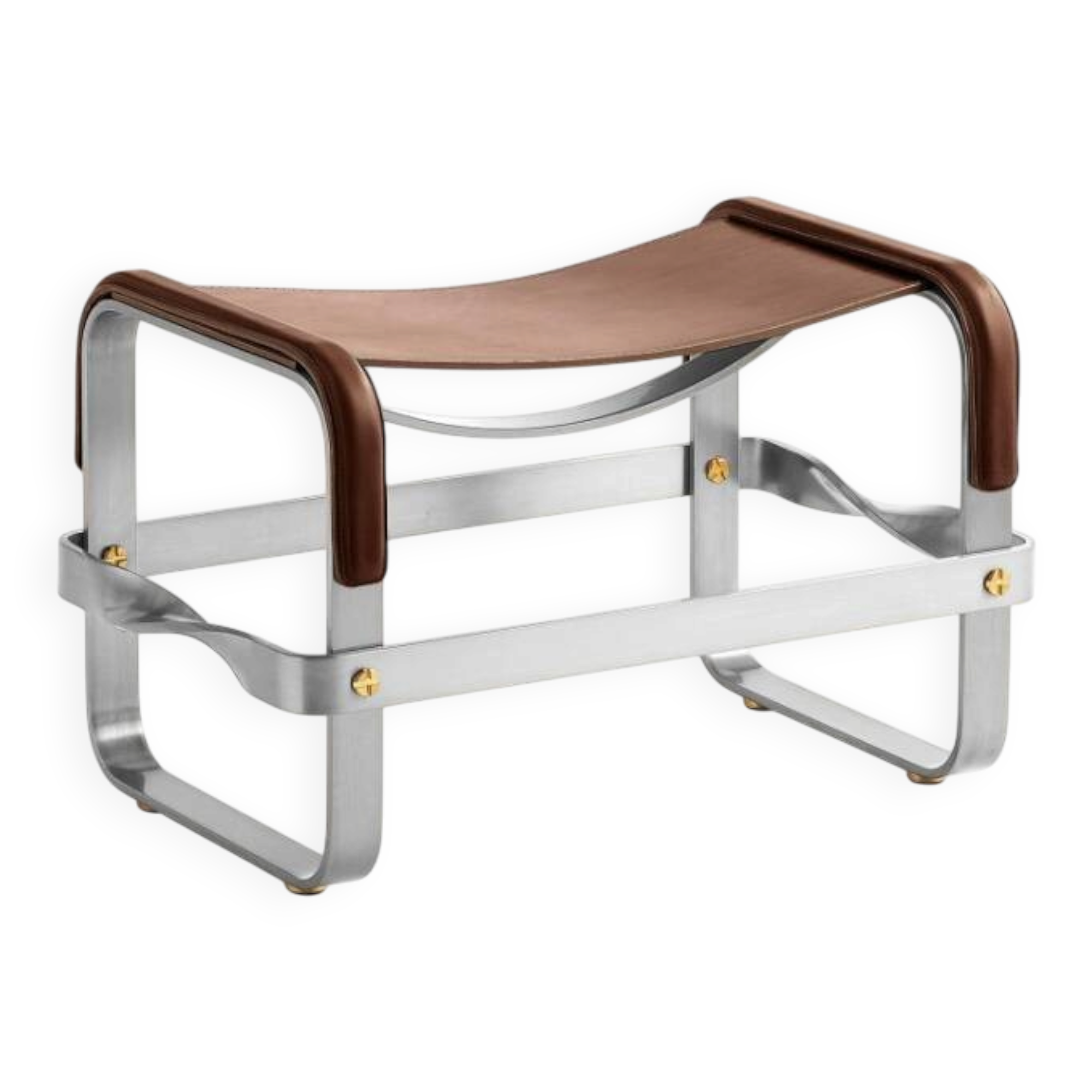 Antique Steel and Dark Brown Saddle Leather Footrest, Contemporary Style