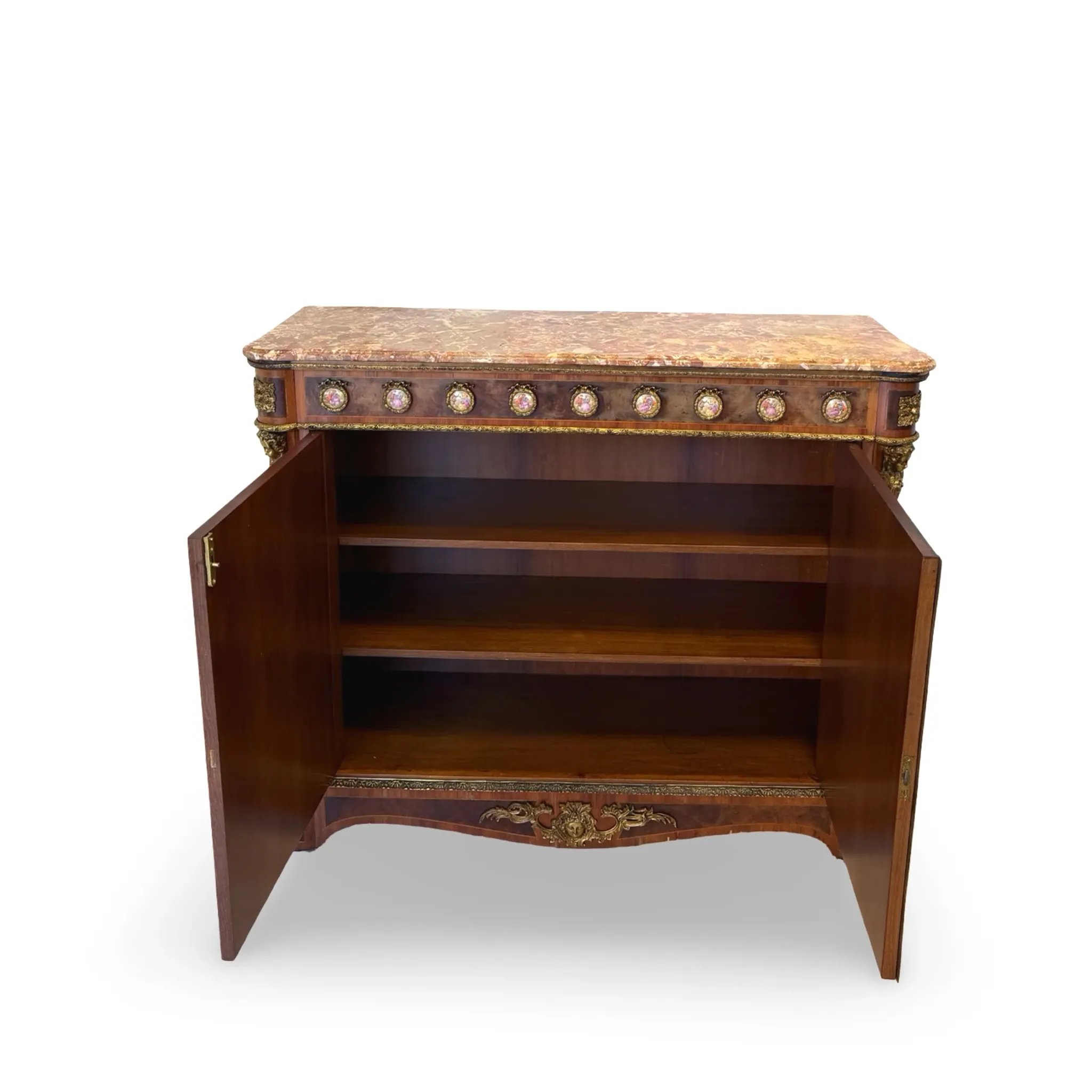 An antique French Louis XVI-style marble-top side cabinet