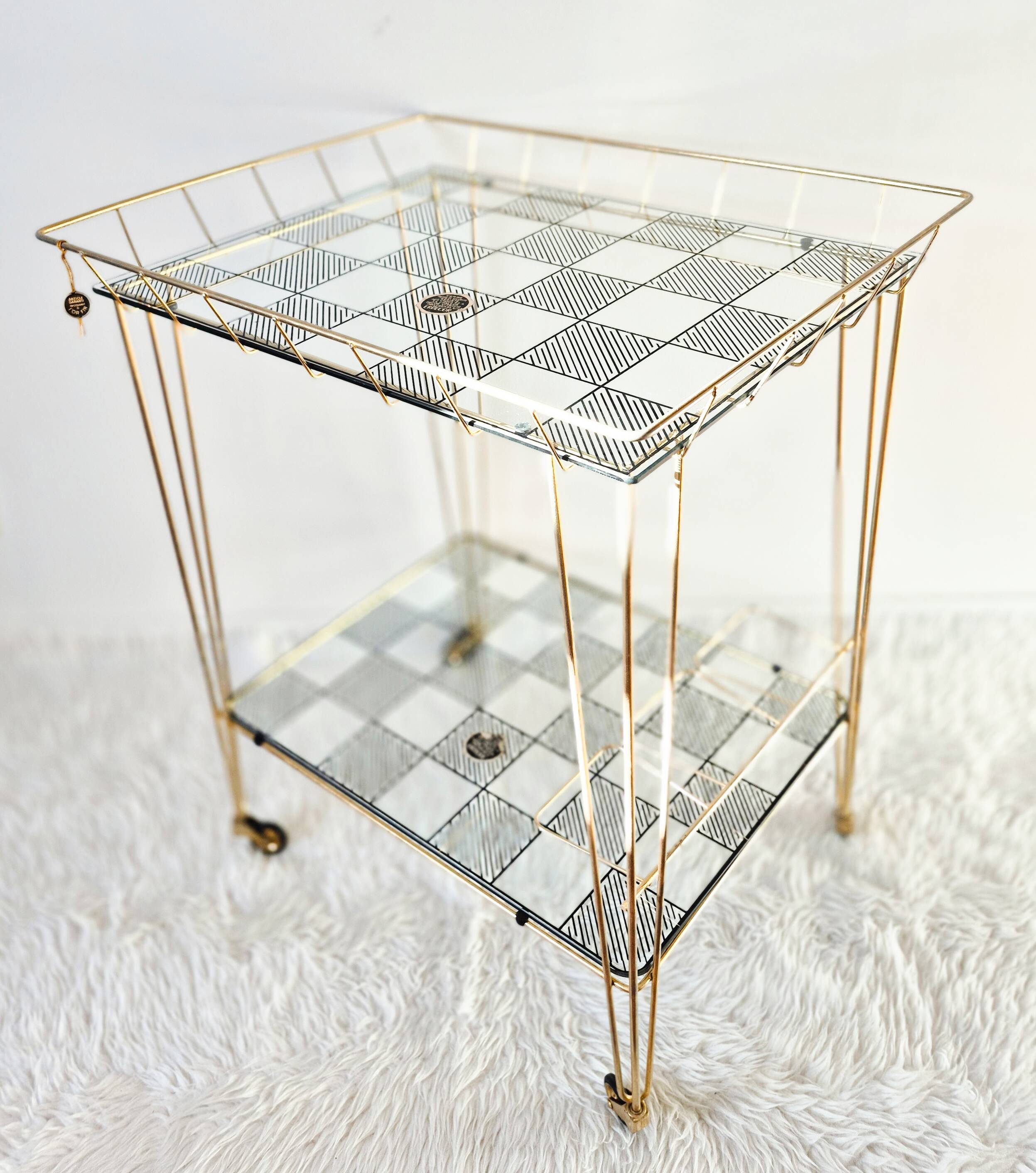 Vintage bar table, side table, glass trays, Eiffel legs.