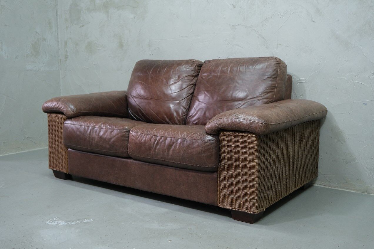 Italian Rattan and Leather Sofa, 1970s