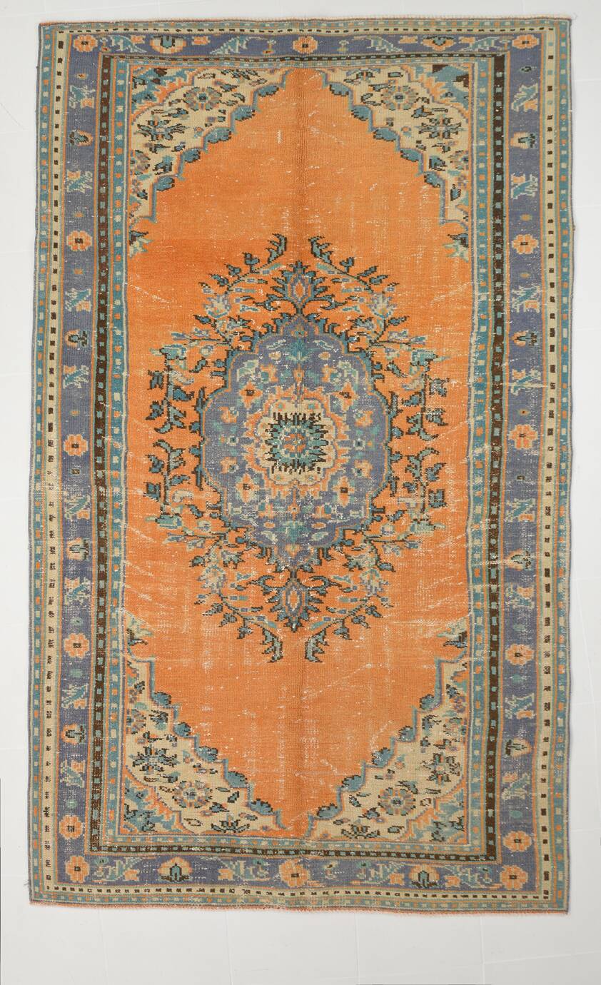6x9 Vintage Peach Color Blue Medallion Handmade Vintage Rug, 175x290 Cm