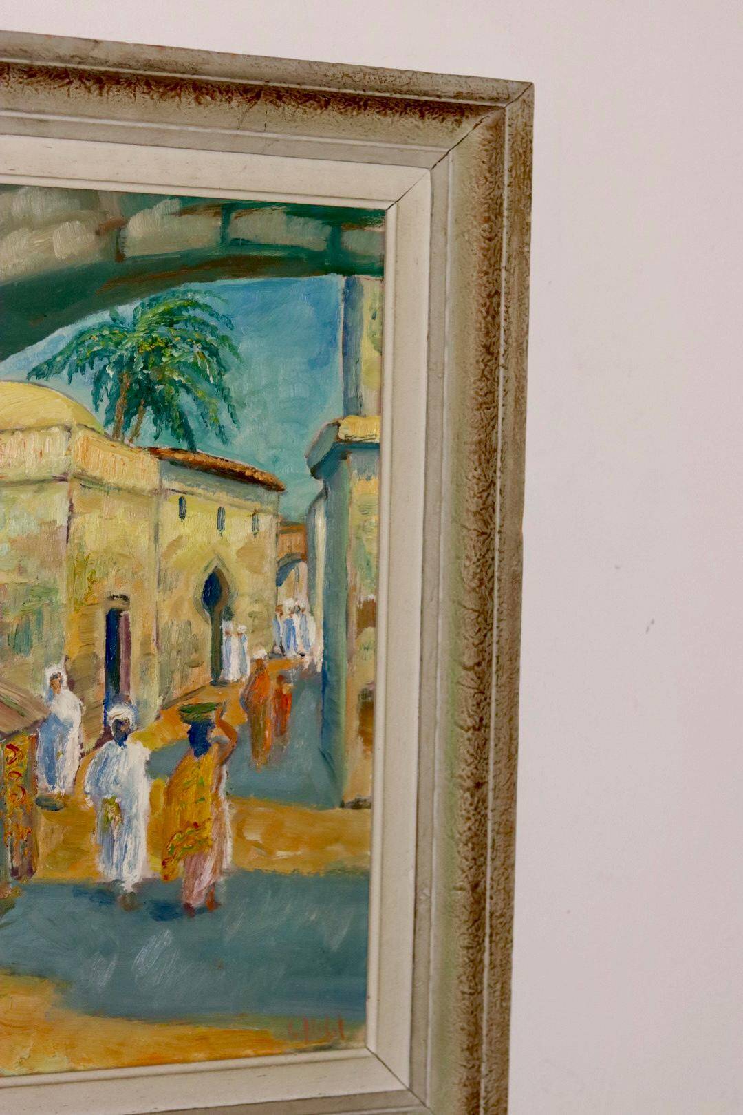 Original Swedish mid-century oil painting on panel "City" – Vintage and frame