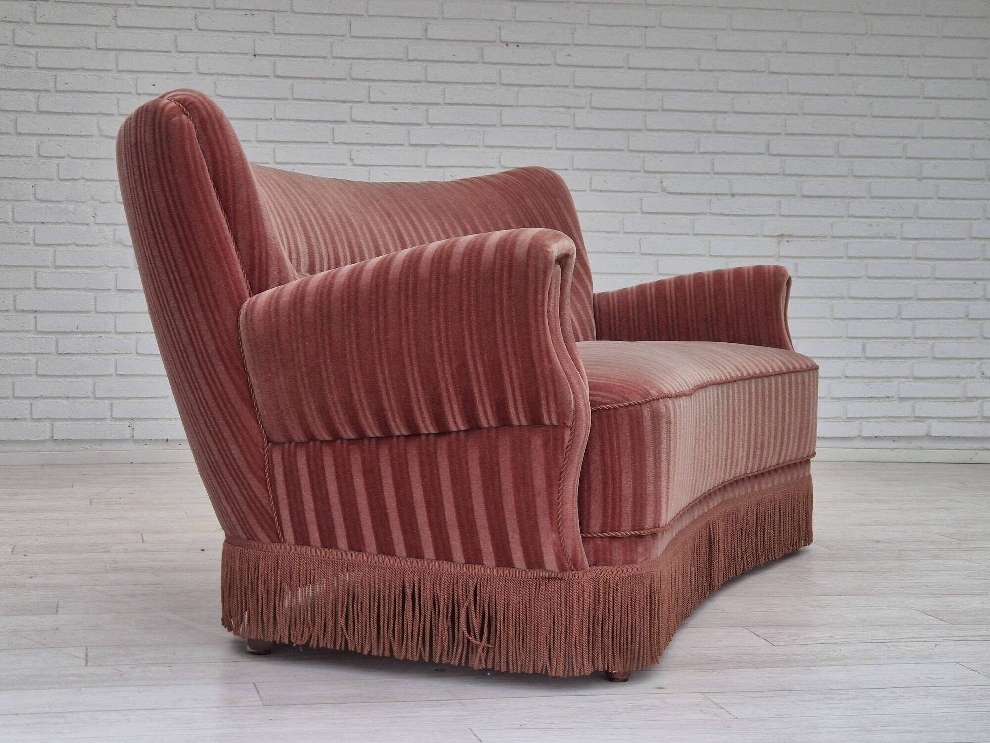 1960s, Danish 3-seater curved sofa, pink-salmon furniture velour, original.