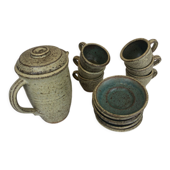 Beige and green/blue speckled stoneware tea set