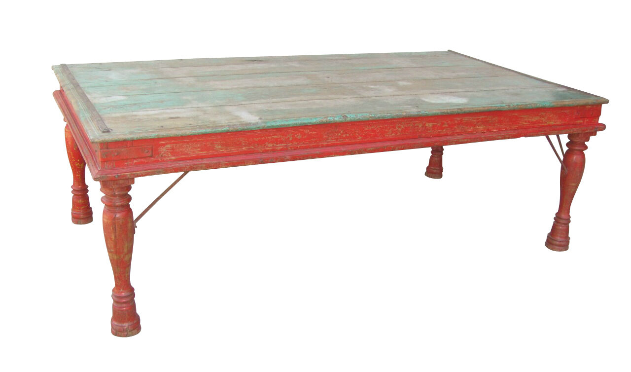 Table basse indienne en teck laqué verte et rouge
