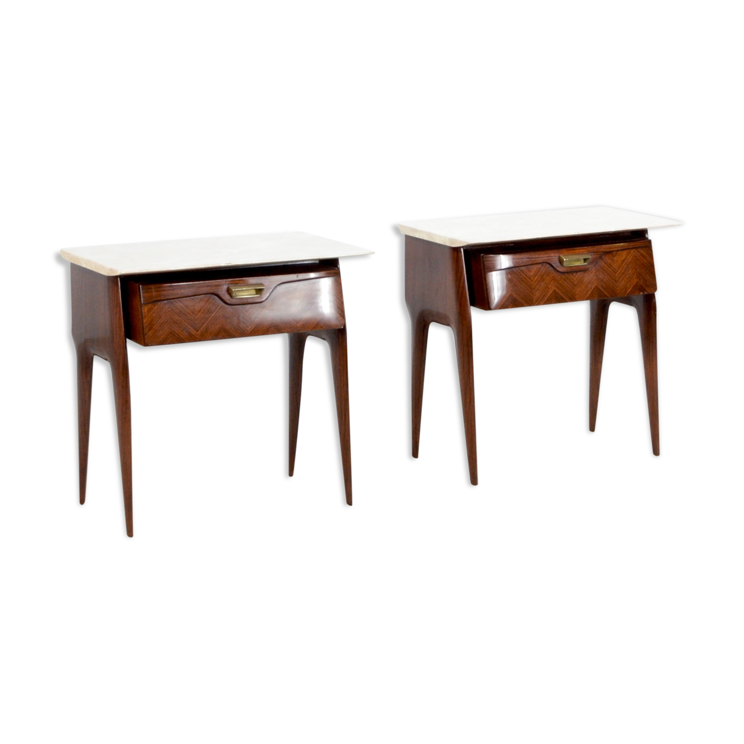 Set of 2 italian midcentury rosewood, carrara marble and brass bedside tables / cabinets. vintage