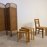 Set of Scandinavian nesting tables in wood and cane – 1960s