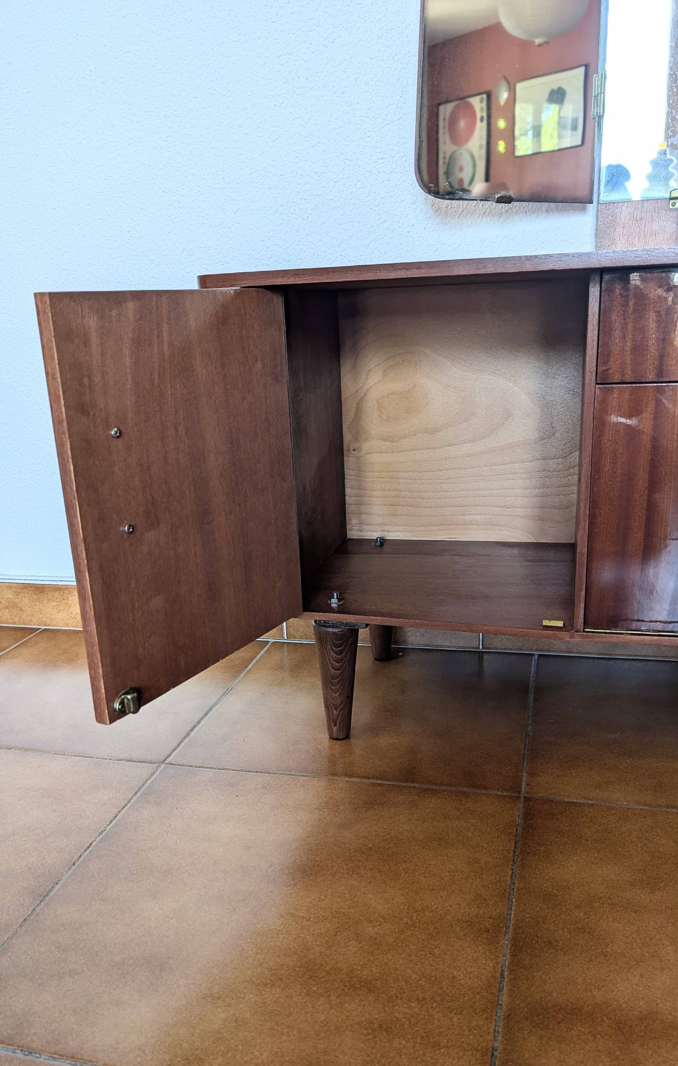 Vintage 70s dressing table with triptych mirror and matching bench.