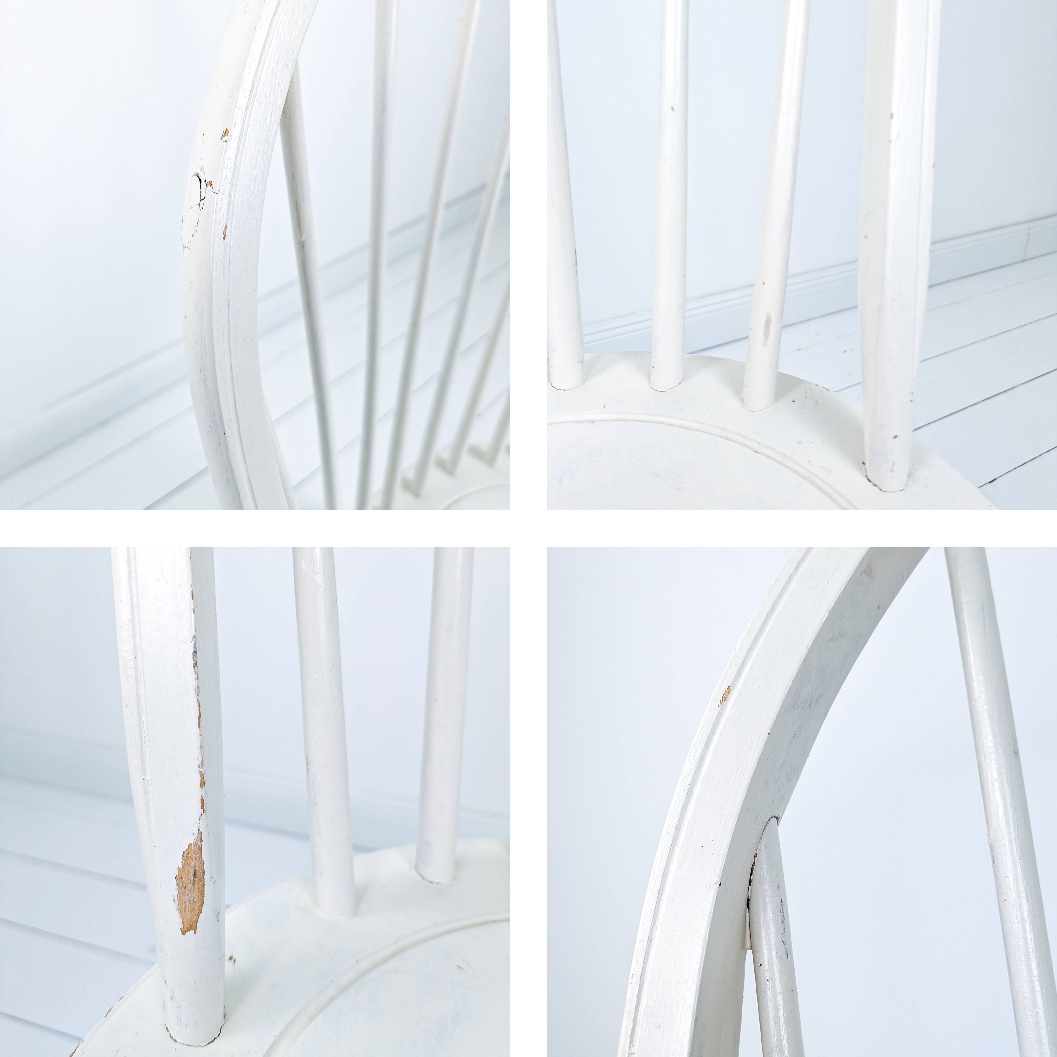 Chaise vintage en bois blanc avec dossier à barreaux, style maison de campagne