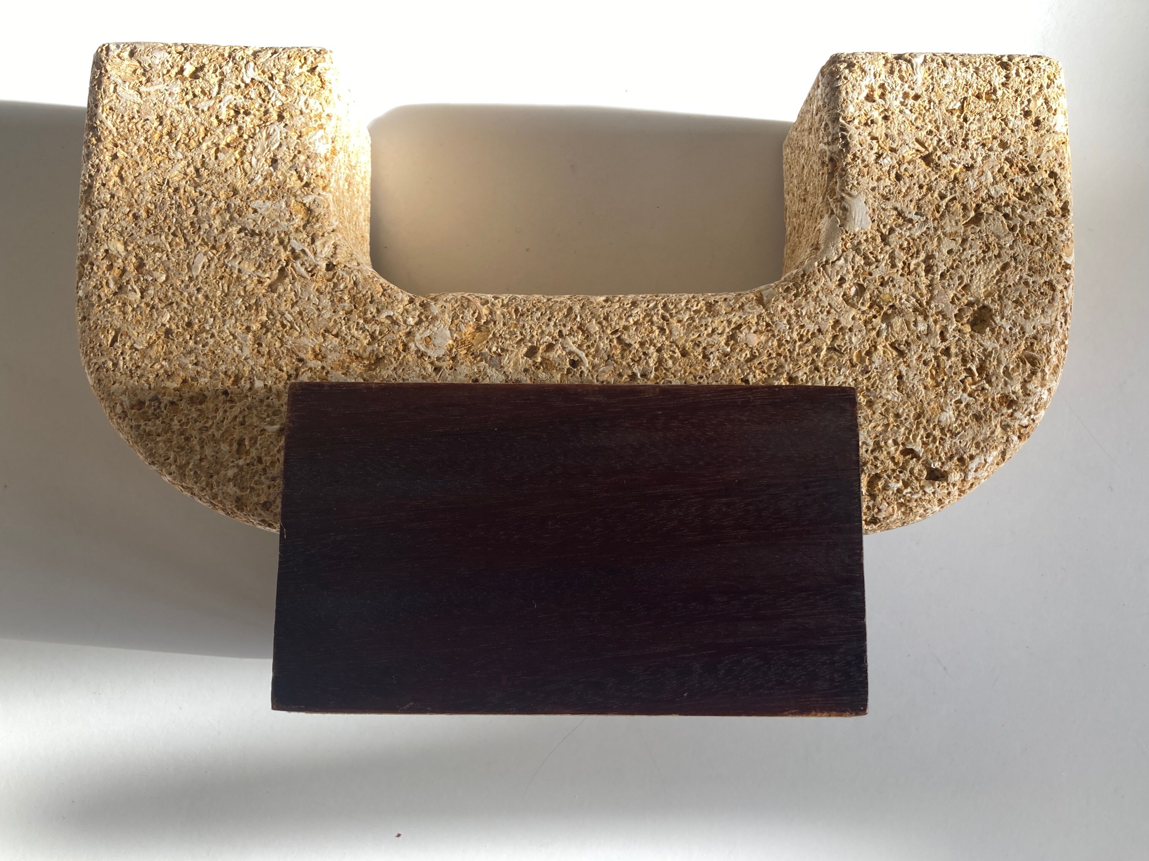 Brutalist XXL candle holder in stone and wood from the 1970s.